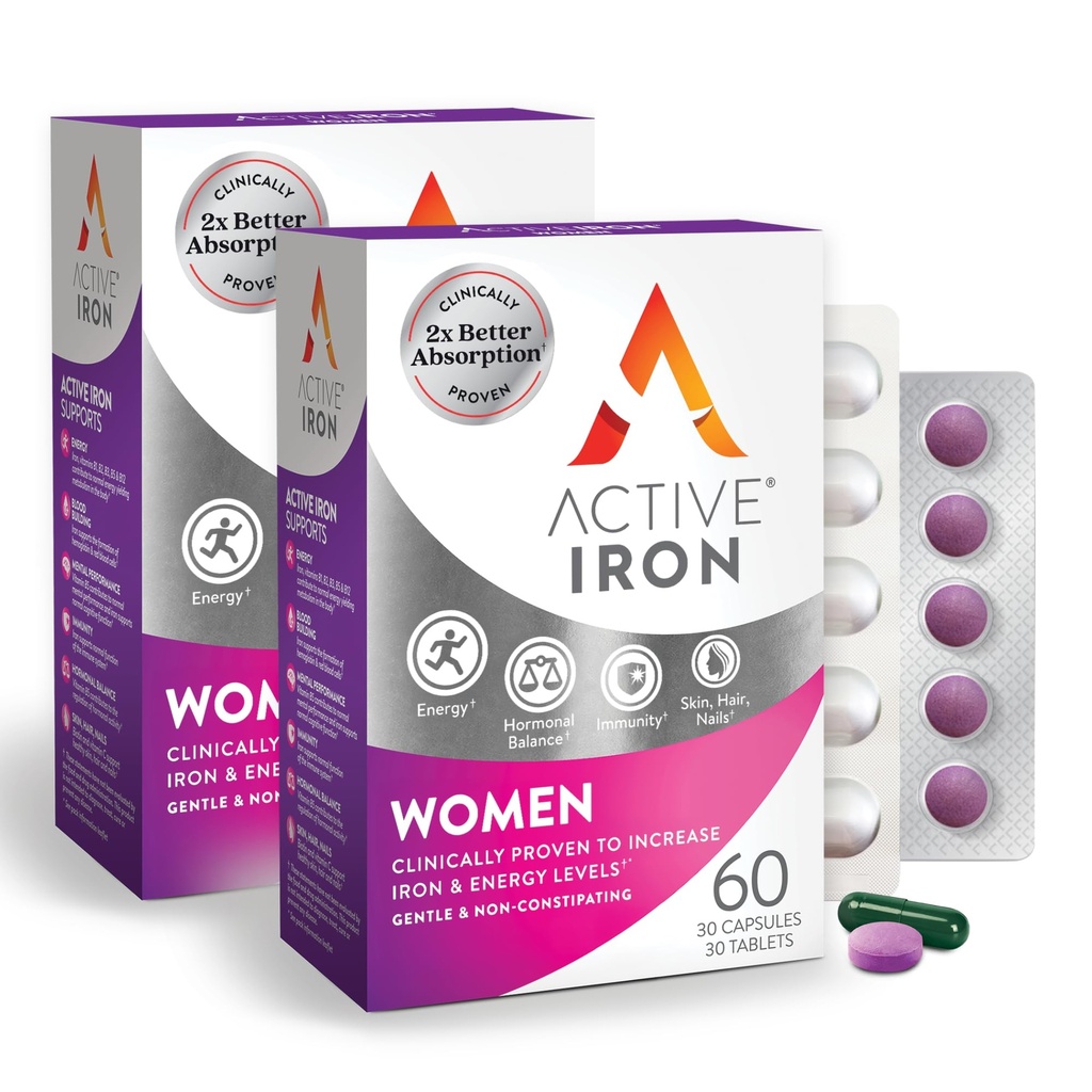 Suplemento de hierro activo 25mg + Multivitamínico para Mujeres – Probado clínicamente para aumentar la energía " Reducir la resistencia – Hierro suave, no exigente + Multivitamina de mujeres – 60 cápsulas + 60 tablas