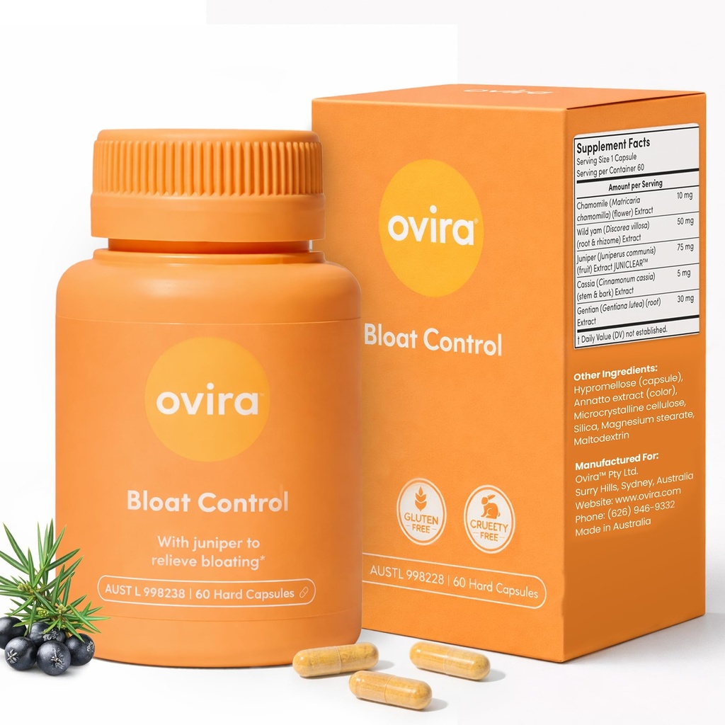 Ovira Bloat Control Suplemento con JUNICLEAR - 60 cápsulas para el gas y el alivio de la hinchazón TENIDO Eficaz Debloating for Women and Men ANTE Ayuda a la retención de agua " promueve la salud digestiva - Pack of 1