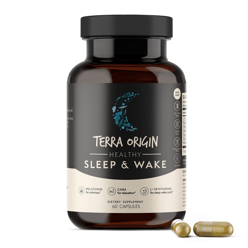 TERRA ORIGIN Durmiente saludable > Despierta a la vida Natural Ayuda para el sueño Suplemento para adultos TENIDO Restablecido y Despertado Refreshed ← GABA, L-Tryptophan, Melatonin, Chamomile, Valerian, PassionFlower TEN 60 cápsulas