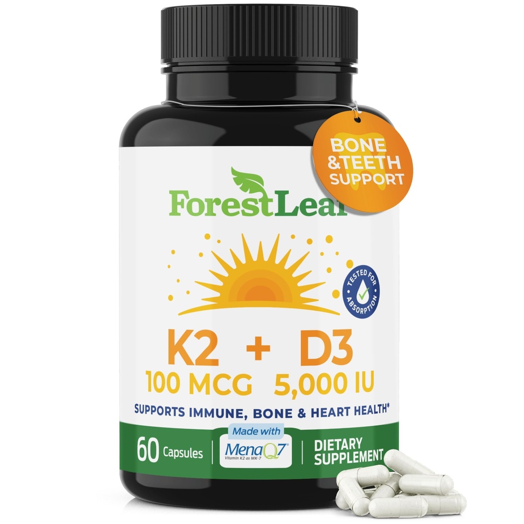 ForestLeaf Vitamin D3 + K2 (MK7) Suplemento - MenaQ7 - Calcio y Vitamina D3 5000 UI Max Absorción - Teeth and Bone Strength, Heart Health, Immune System Support - 60 cápsulas vegetales