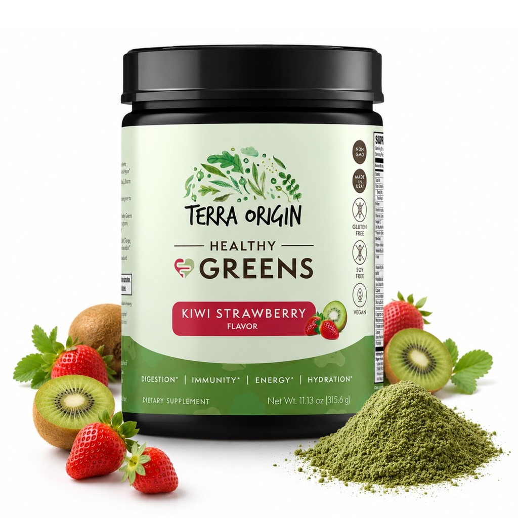 TERRA ORIGIN Greens Powder Blend ← Superfoods, Probiotics, Enzymes, Spirulina  durable for Immune " Digestive Gut Health Support  durable Energy " Wellness Boost  durable 30 Servings (Kiwi Strawberry)