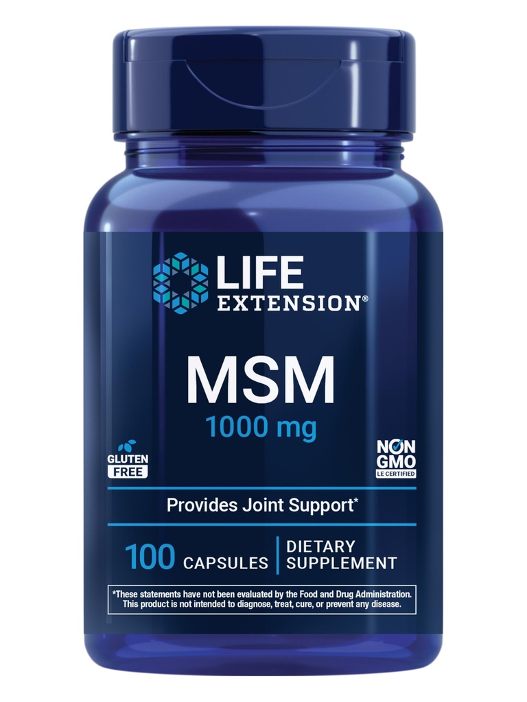 MSM de extensión de vida, 1000 mg, metilsulfonilmetano, soporta articulaciones saludables, soporte antioxidante, libre de gluten, no GMO, 100 cápsulas