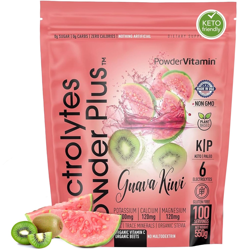 PowderVitamin Electrolytes Powder Plus (100 Servings) Guava Kiwi Electrolyte Powder, Zero Calorie, Keto, 0 Azúcar, Sin Maltodextrin, 1000mg Potasio, 120 mg de Calcio, 120 mg de Magnesio, Hidratación Polvo