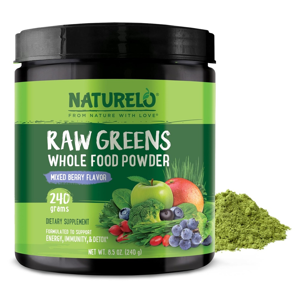 NATURELO Greens Superfood Powder 240 Grams, Mixed Berry - Supports Energy, Immunity and Detox - Incluye Spirulina, Wheat Grass and Organic Greens for Whole Food Nutrition