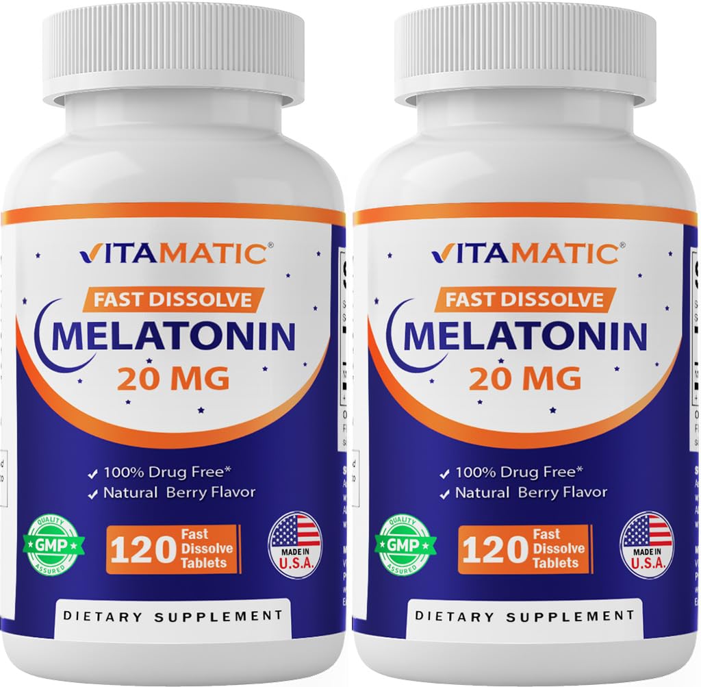 Vitamatic Melatonin 20mg para el apoyo al sueño ← Vegetariano, No GMO, Gluten Free ← HIGH Potency 20 MG ← Natural Berry Flavor 120 Fast Dissolve Tablets - 2 Pack - 240 Count