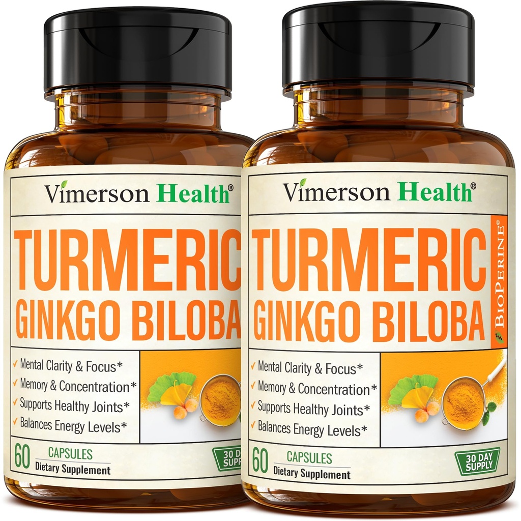 Ginkgo Biloba y Turmeric Curcumin Suplemento w/Black Pepper " Organic Tumeric – Natural Turmeric Supplement for Focus, Memory, Joint " Brain Health – Vegan Ginko Biloba Capsules w/Curcuma – 2 Pack