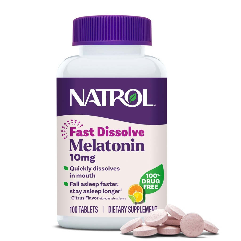 Natrol Fast Dissolve Melatonin 10 mg, Melatonina Suplementos para el sueño reparador, Apoyo al sueño para adultos, 100 tabletas con sabor a citrus, hasta un suministro de 100 días