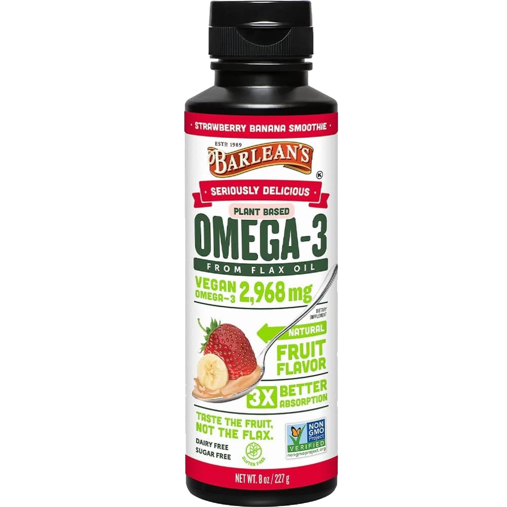 Aceite de Flaxseed Banana de Fresa de Barlean Líquido, Omega Vegan 3 6 9 Suplementos para adultos y niños de aceite de semilla de Flax Presionado Frío con 2,968 mg de Omegas Veganos, Gluten Free, 8 oz