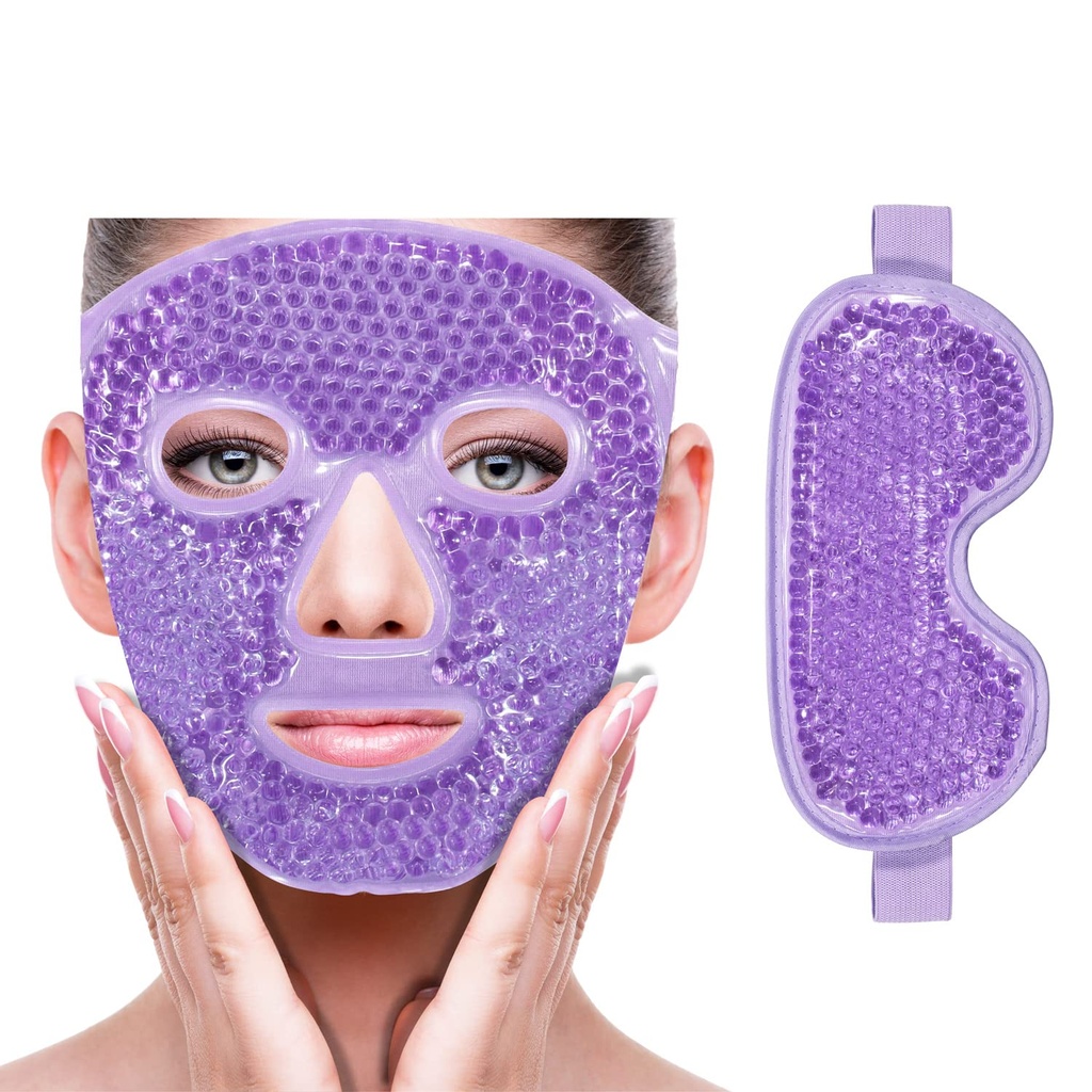 ZNÖCUETÖD Cooling Ice Face Eye Mask for Reducing Puffiness, Bags Under Eyes,Sinus,Redness,Pain Relief,Dark Circles, Migraine,Hot/Cold Pack with Soft Plush Backing (Purple(1* Eye Mask+1*Face Mask)