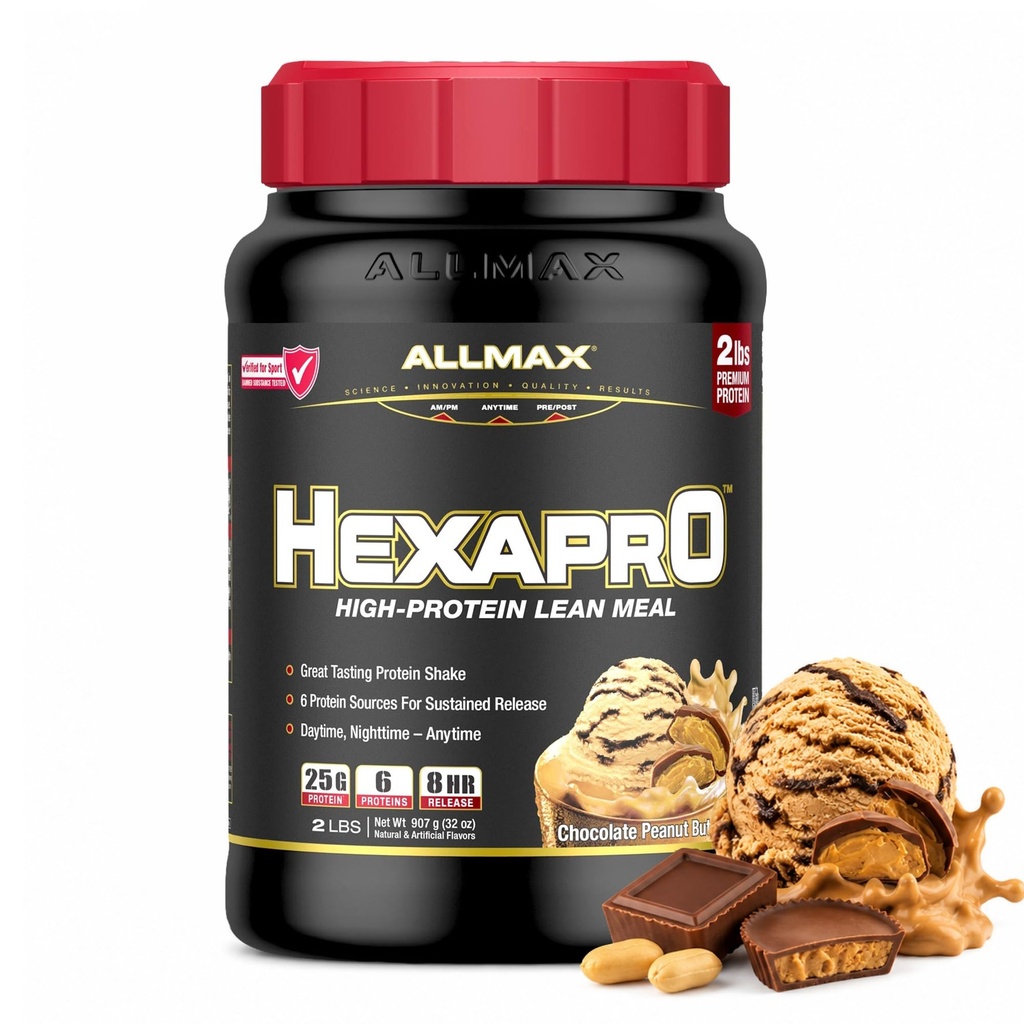 ALLMAX HEXAPRO, Chocolate Peanut Butter - 2 lb - 25 Gramos de Protein Por Servir - 8-Hour Sustained Release - Zero Sugar - 21 Servimientos