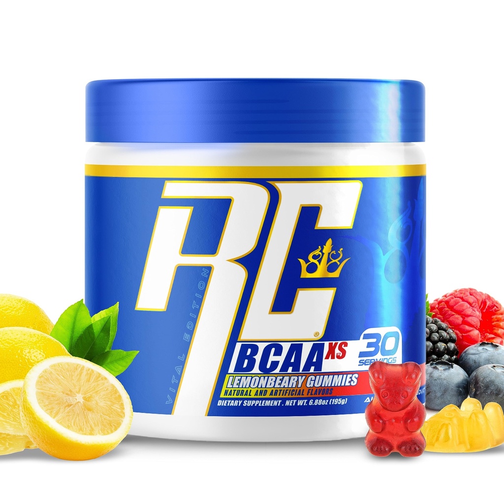 Ronnie Coleman's BCAA XS Powder con EAAs, Aminoácidos de Cadena Ramada Post Workout Muscle Recovery, Sugar Free Hydration Drink for Women and Men, Lemonbeary Gummies, 30 Servings