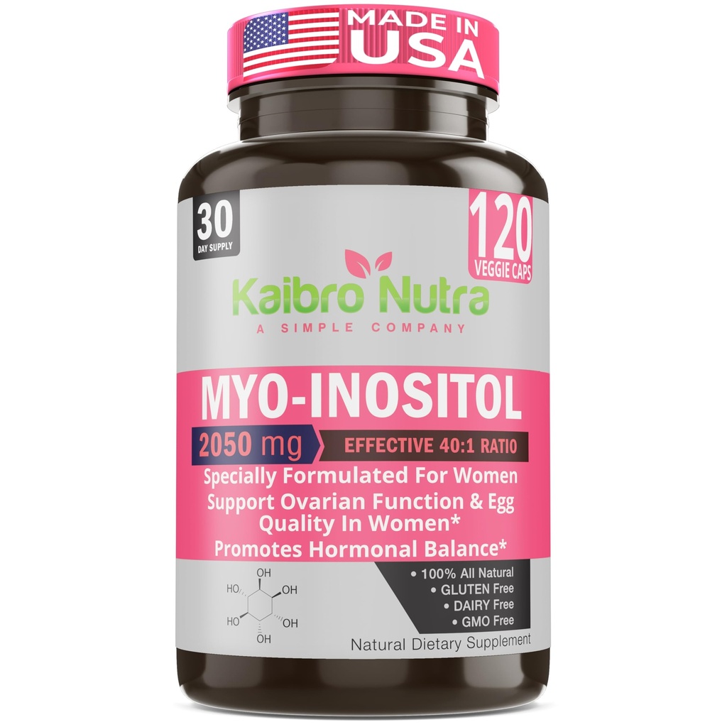 Kaibro Nutra Myo-Inositol Suplemento, Myo-Inositol & D-Chiro Inositol 40:1 Relación, Saldo hormonal " Apoyo Ovárico para Mujeres con Vitamina B8, 2050mg, Vegano, Capsúpulos No GMO 120 Conteo