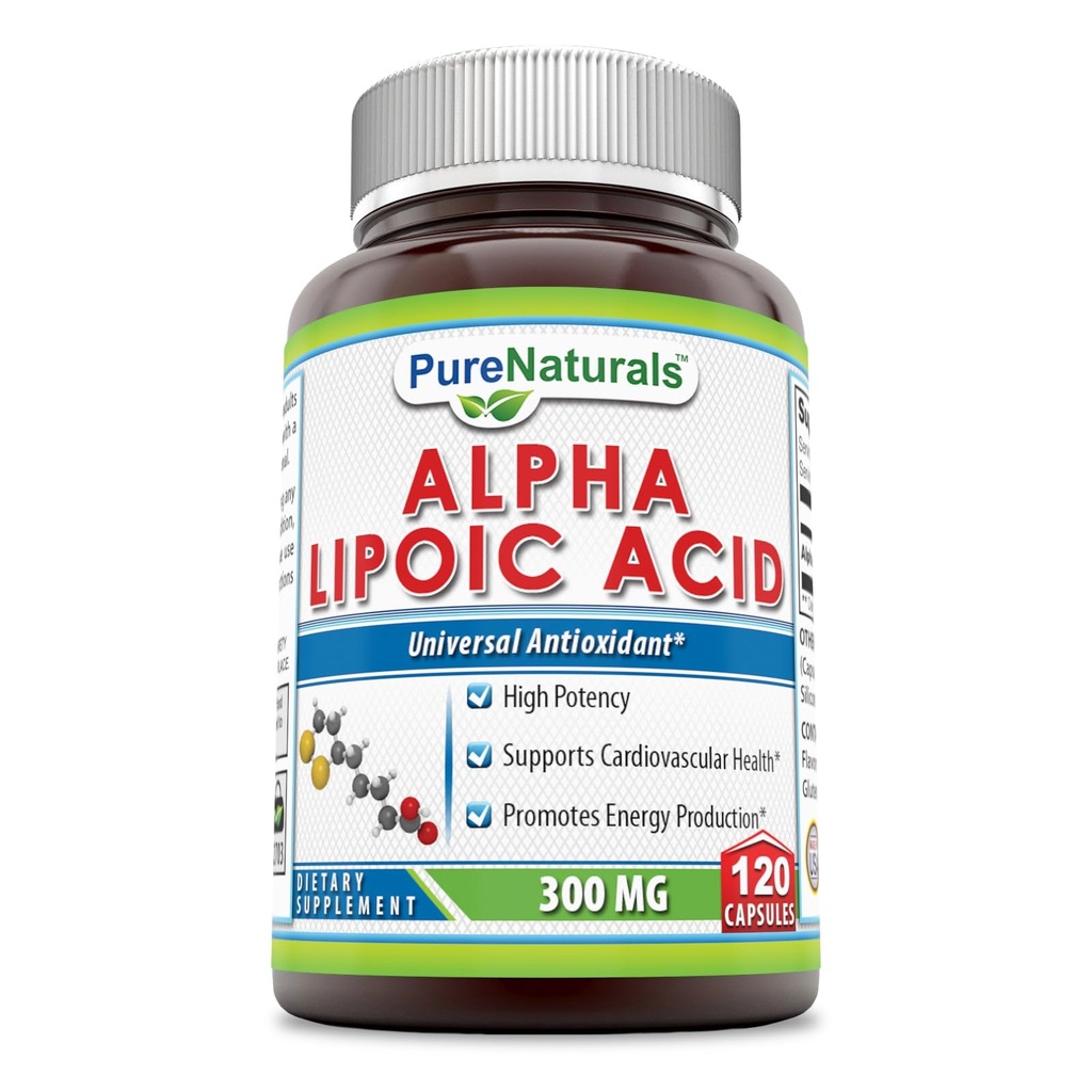 Pure Naturals Alfa Lipoic Acid 300 Mg Capsules, 120Count *Apoyos Salud cardiovascular y producción de energía*