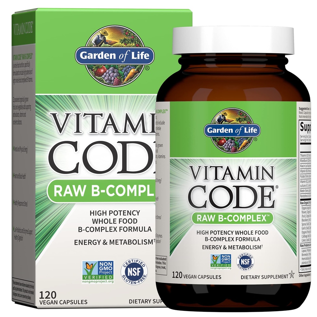 Jardín de la Vida Complejo de vitamina B, 120 cápsulas veganos, vitaminas de alta potencia para la energía &amp; metabolismo con B6, Folate &amp; B12 como metilcobalamin Plus Probióticos