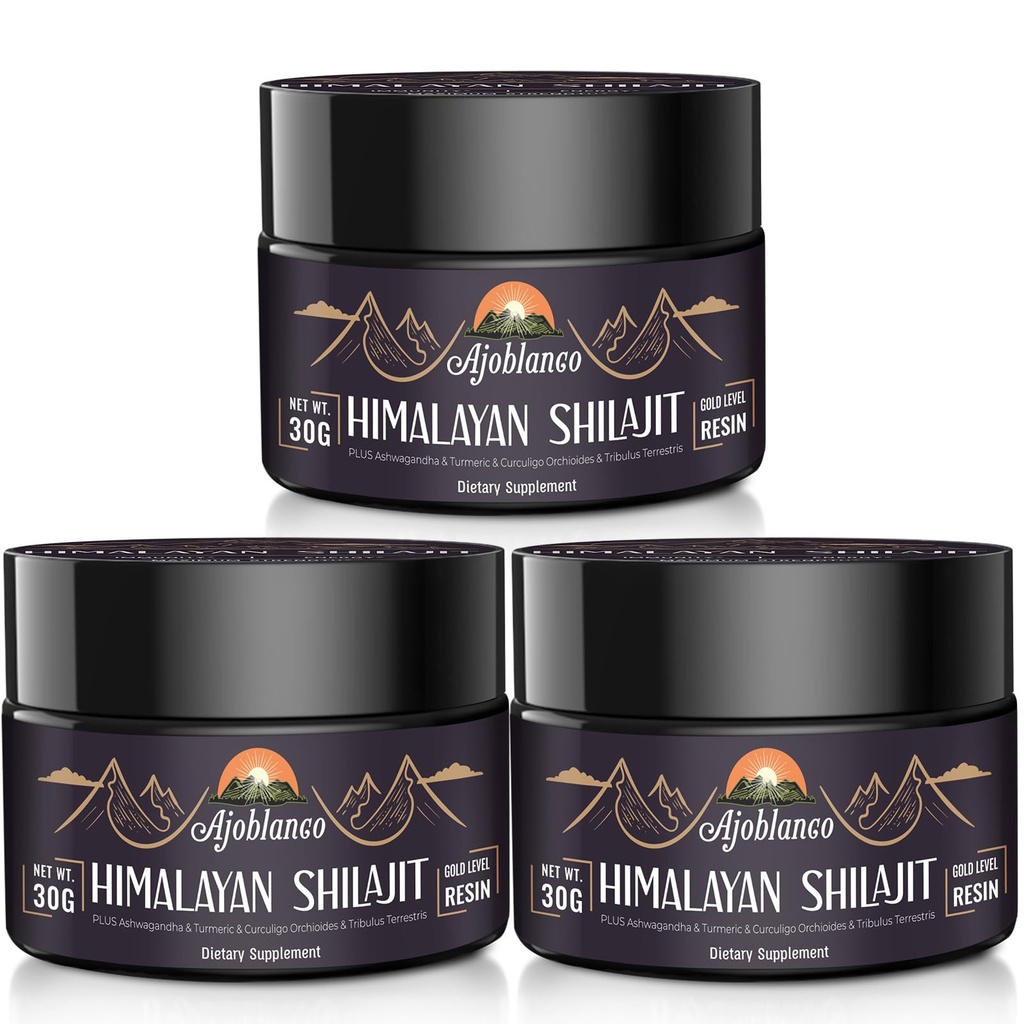 Ajoblanco 600mg Natural Himalaya Shilajit Resin - Himalayan Gold Shilajit Resin with Organic Ayurvedic Blend in High Potency for Energy, Strength &amp; Immunity, Pack of 3