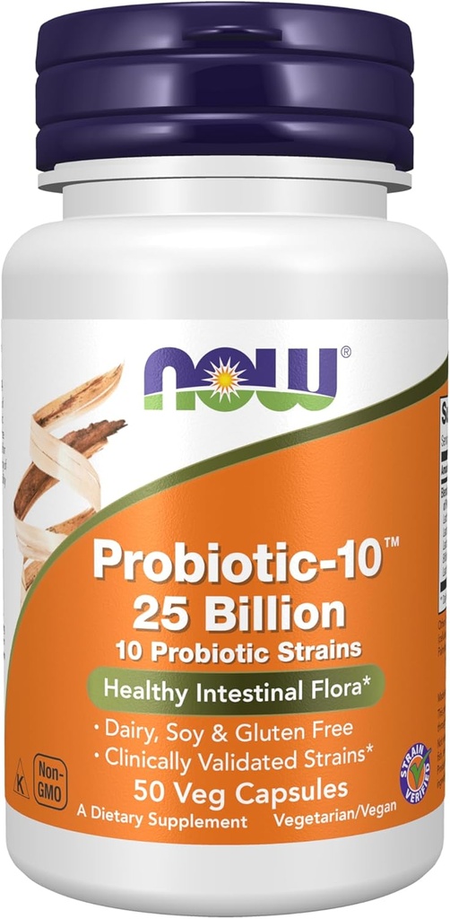 AHORA Suplementos de alimentos, Probiótico-10TM, 25 millones, con 10 Strains Probióticos, Lácteos, Soy y Gluten Gratis, Verificados de Strain, 50 cápsulas de Veg