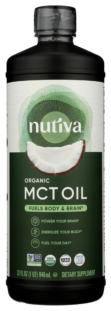 Nutiva Organic MCT Aceite, Desflavorado, 32 Oz, USDA Organic, Non-GMO, Non-BPA, Whole 30 Aprobado, Vegan, Gluten-Free &amp; Keto, 14g MCT por Serving " Neutral Flavor for Energy Boost to Coffee, Shakes and Salads