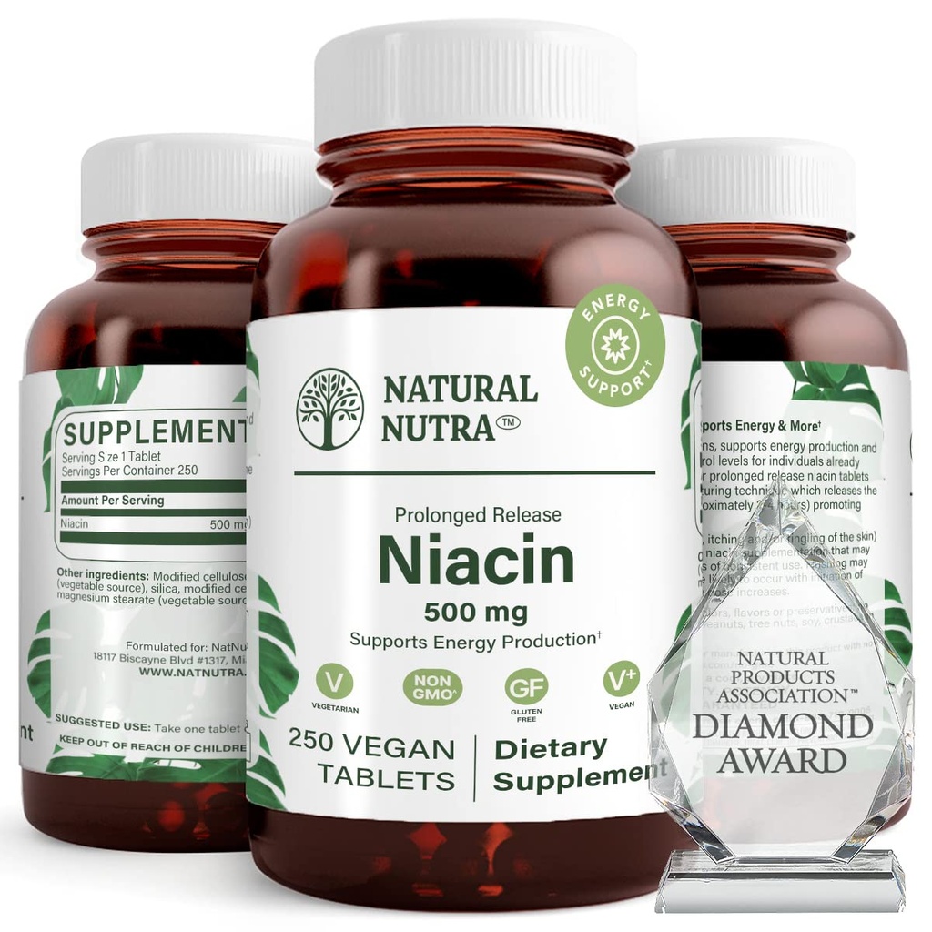 Natural Nutra Time-Release Slow Niacin 500mg (Vitamin B3), Apoya el colesterol saludable, promueve la salud cardiovascular, promueve las células de la piel y mejora la función cognitiva, 250 tabletas Vegan