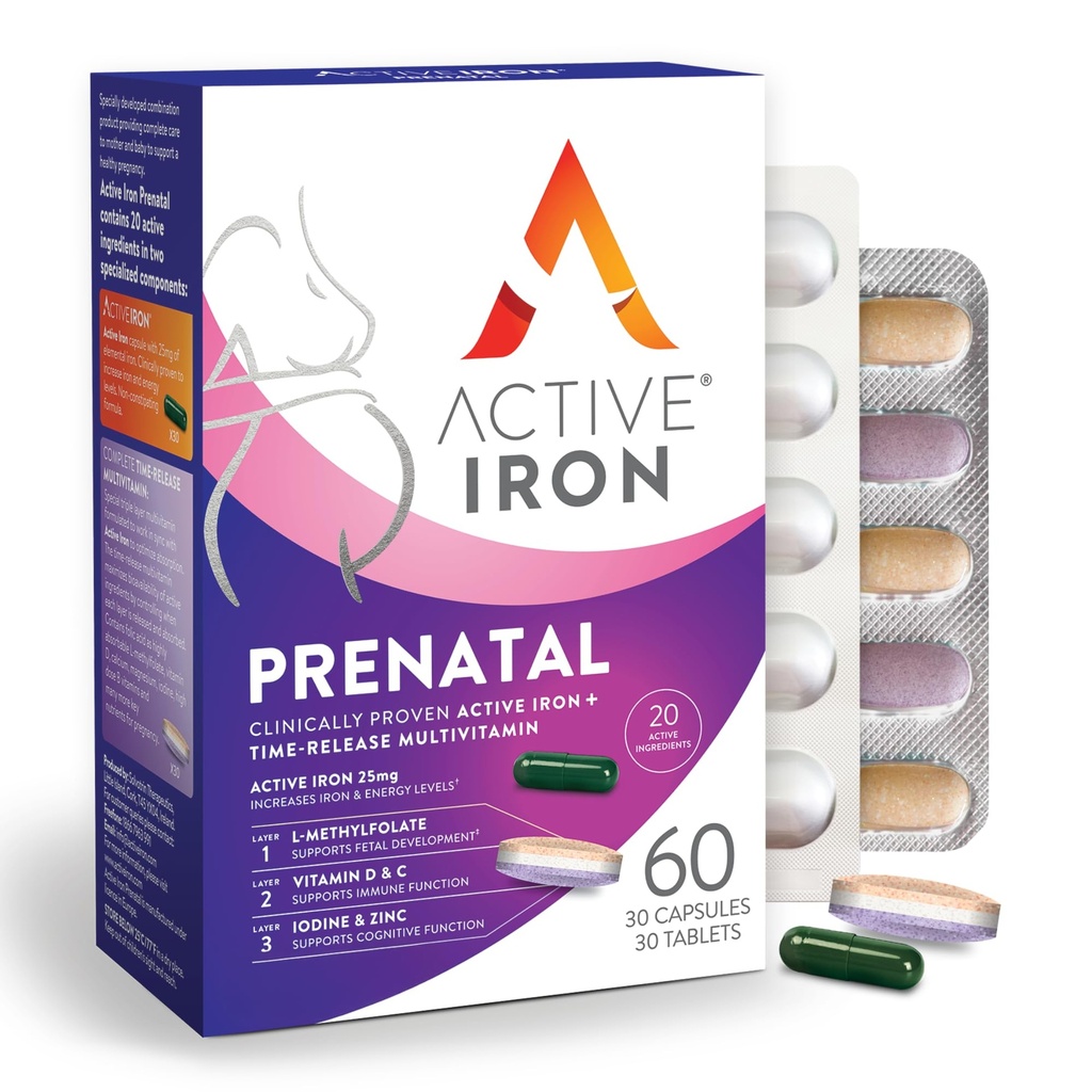 Prenatal activo de hierro, suplemento de hierro + vitaminas prenatales para mujeres, 30 cápsulas no constipantes + 30 multivitaminas de liberación del tiempo, embarazo, lactancia " Esenciales posparto "