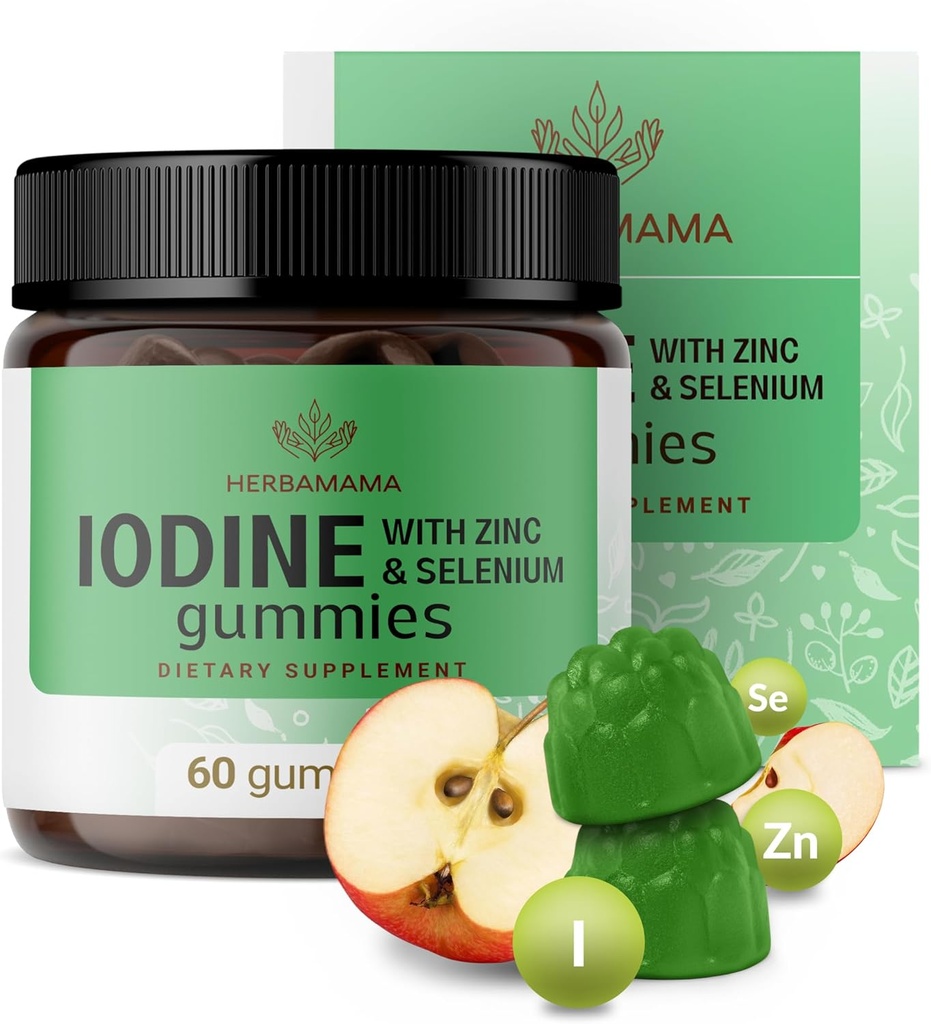 HERBAMAMA Iodine Gummies - Potassium Iodine, Zinc " Selenium for Immune Defense " Brain Support - Vegan, Non-GMO Immune Support Supplement - 60 Pectin-Based Apple-Flavored Chews