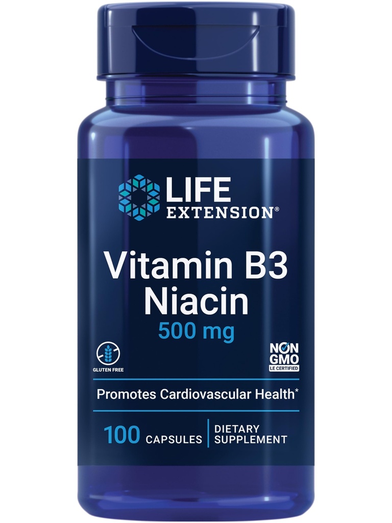 Life Extension Vitamin B3 Niacin, Heart Health, Cholesterol & Energy Support, Gluten-Free, Non-GMO, 100 cápsulas