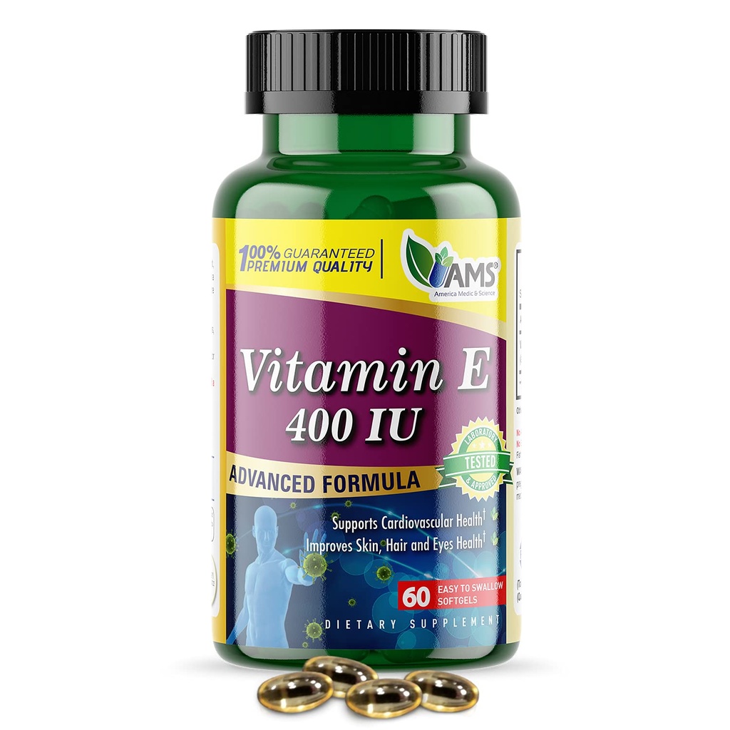 America Medic &amp; Science Vitamina E 400 UI (60 Softgels) Suplemento dietético que apoya la salud del corazón, promueve la piel sana, el cabello, los ojos y el sistema inmunológico.