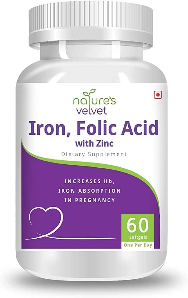 AZAZ Natures Velvet Lifecare Iron " Folic Acid with Zinc, for Supplementation in Pregnancy, 60 softgels