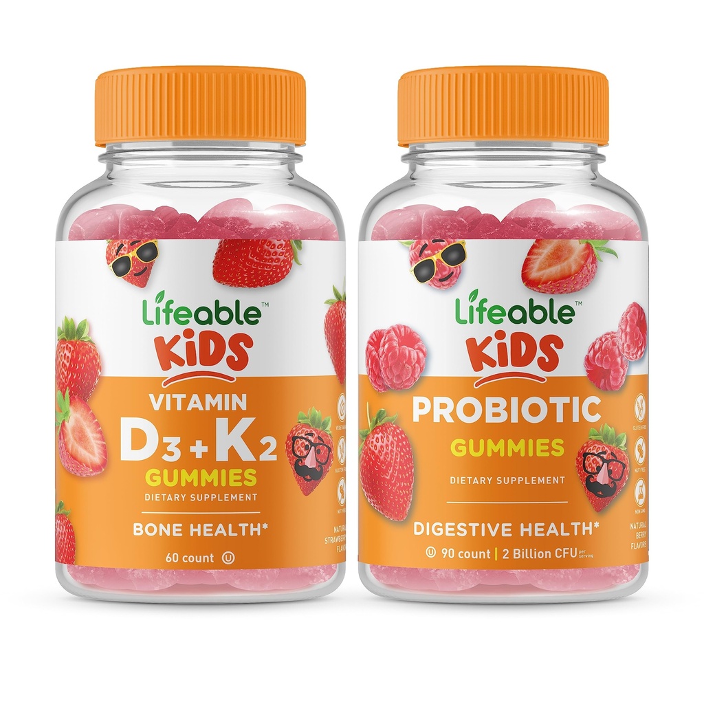 Vitamina vital D3 + Vitamina K2 Niños + Probiótico 2 Billones CFU Niños, Gummies Bundle - Gran Tasting, Suplemento de vitamina, Gluten Gratis, GMO Gratis, Chewable Gummy