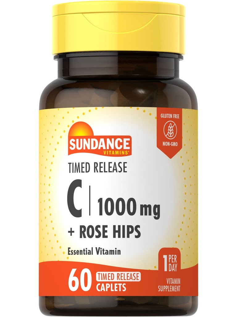 Sundance Vitamina C 1000mg con Rose Hips ← 60 Coated Caplets Silencio Timed Release Silencio Vegetarian, Non-GMO, y Gluten Free Supplement