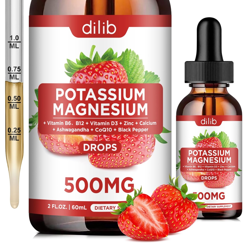 Suplemento de Citrato de Magnesio de Potasio, gotas de Citrato de Magnesio Líquido 500 mg con Ashwagandha, Calcio, Zinc, Vitamina D3, B6, B12, CoQ10 - Soporte Calma &amp; Hueso &amp; Inmune Salud Vegan 2 fl oz