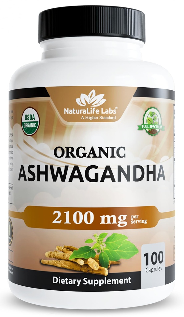 NaturaLife Labs Organic Ashwagandha 2100 mg por Serving – Root Powder & Extract – 100 cápsulas – Vegan, Non-GMO, Gluten-Free