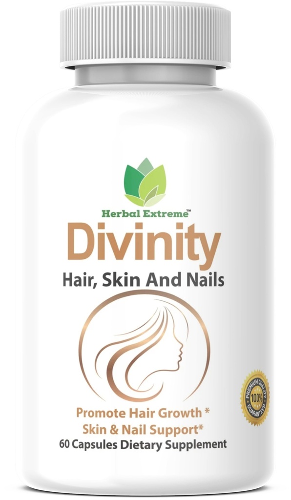 Divinity Hair, Skin and Nails 60 Capsules 5000 mcg Biotin P-amino Benzoic Acid, Extracto de Horsetail, Fo-Ti, Extracto de bambú, Nettle Stinging, Peony chino, Spirulina, Saw palmetto