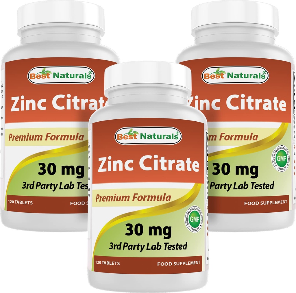 Mejores Naturales Zinc 30mg Suplementos (como Citrato de zinc) - Vitaminas de zinc para Adultos Soporte Inmunitario - 120 Tabletas (120 Cuenta (Pack of 3))