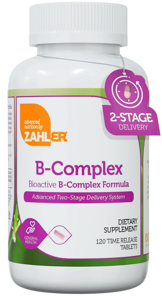 Zahler B-Complex Vitaminas para Hombres - Complejo de vitamina B - Complejo de vitaminas B1 B2 B3 B5 B7 B9 B12 - Advanced 2-Stage Delivery System - Gluten Free Kosher Non-GMO VIT B (120 Tablets)