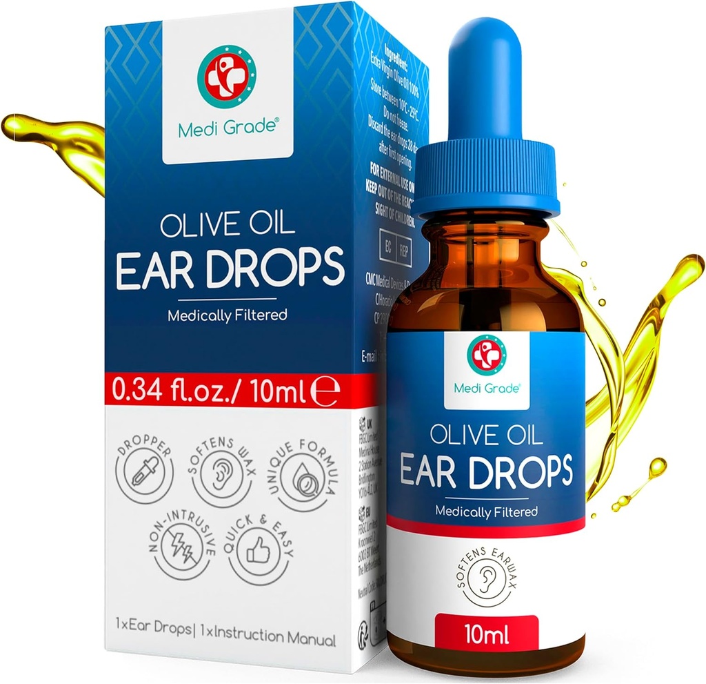 Medi Grade Olive Oil Ear Drops for Wax Removal and Blocked Ears, 10ml - 100% Natural Ear Wax Removal Gotas con Pipette Dropper Softens y Removes Hardened Earwax Buildup - Advanced Ear Wax Drops