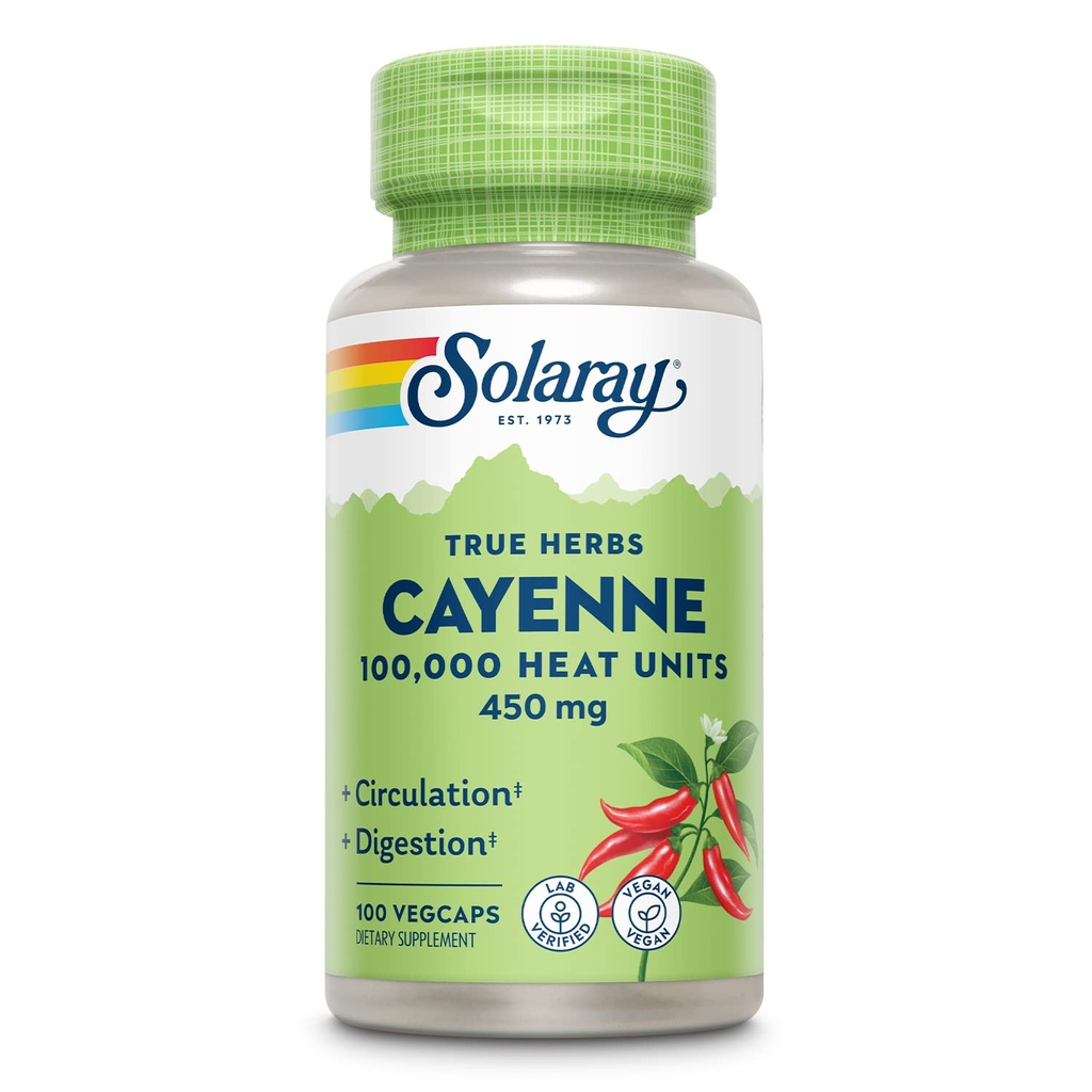 SOLARAY Cayenne Pepper 450 mg  100,000 Heat Unit ← Saludable Digestión, Circulación, Metabolismo " Cardiovascular Support ← Non-GMO TEN 100 VegCaps