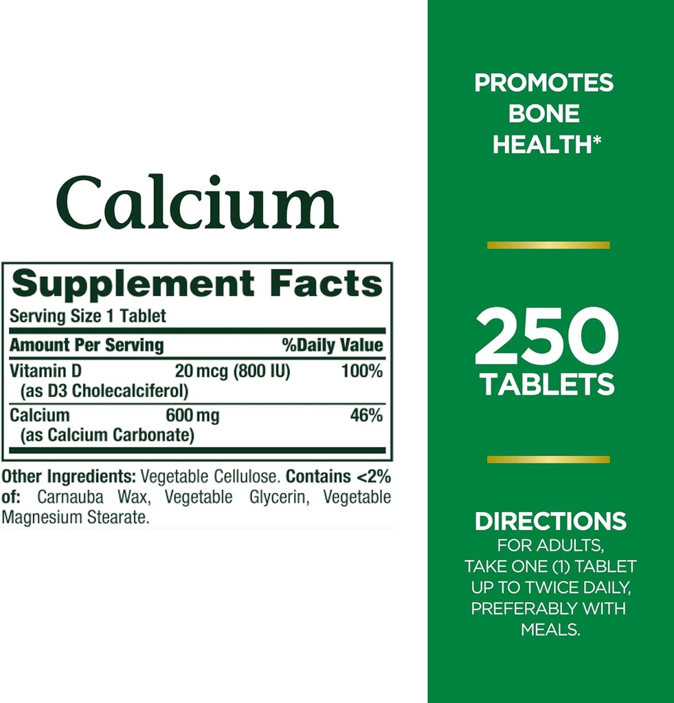 Carbonato de calcio de la naturaleza " Vitamina D " , apoya la salud inmune " Bone Health, 600 mg de calcio " 800IU Vitamina D3, 250 Tabletas (Pack of 2)