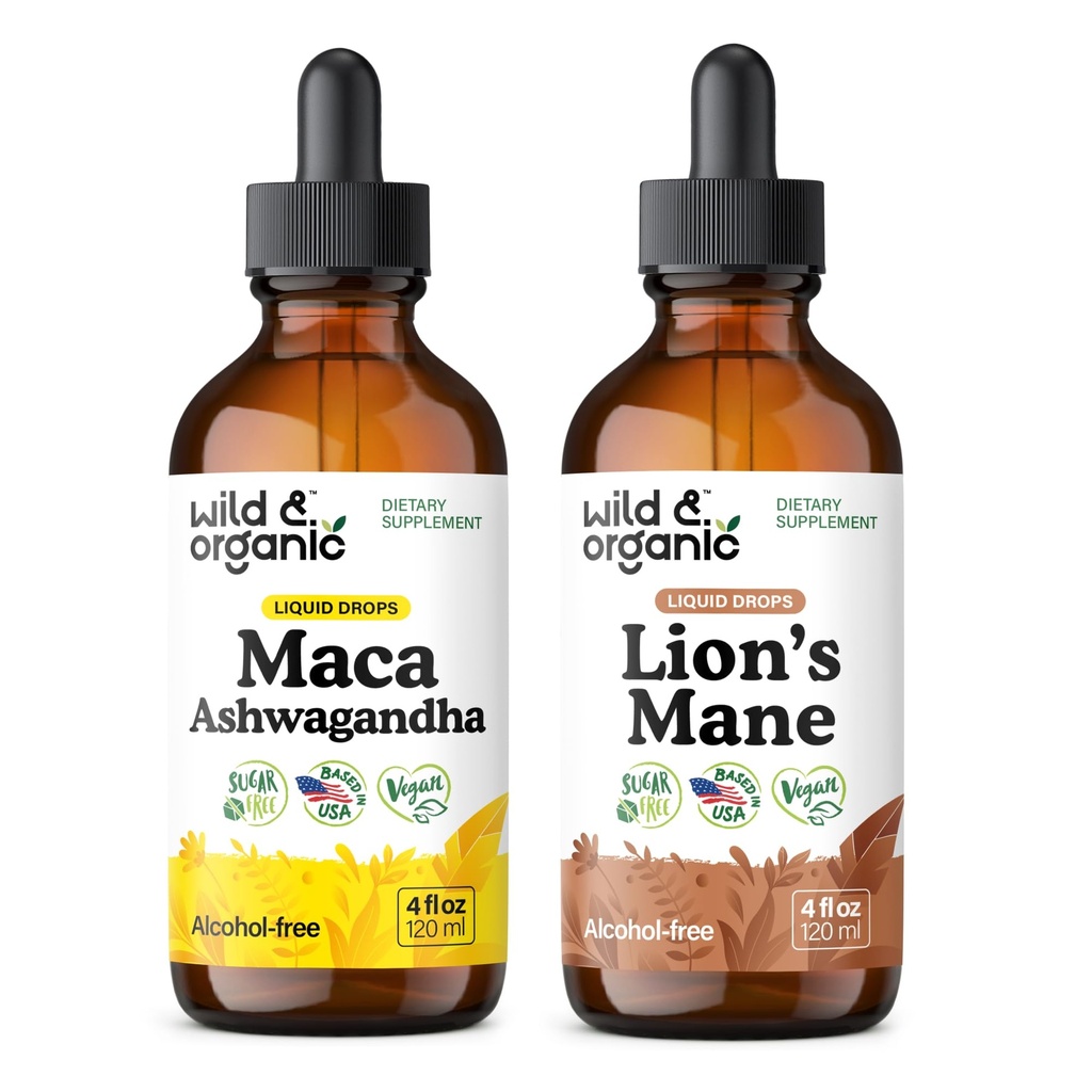 Wild &amp; Organic Maca Ashwagandha Tincture 4 fl oz &amp; Lion's Mane Tincture 4 fl oz
