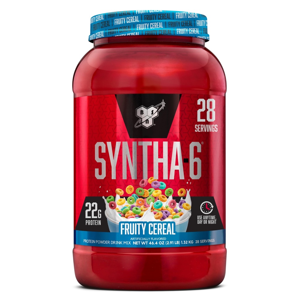 BSN SYNTHA-6 Polvo Proteína Premium con 6g de fibra, Whey Protein, Micellar Casein, Milk Protein Isolate Blend, 5g Fat, Fruity Cereal, 28 Servings (Packaging May Vary)