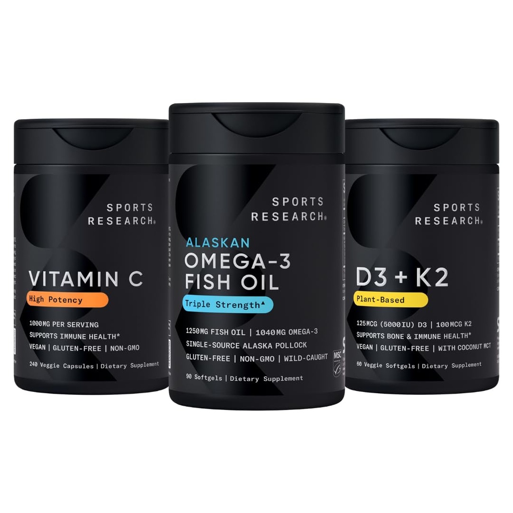 Sports Research 1250 mg Omega 3 Burpless Fish Oil - Wild Alaskan Pollock - (90 Cuenta), High Potency Vegan Vitamina C 1000mg (240 Cuenta) + Vegan 5000iu Vitamina D con 100mcg Mk7 Vitamin K (60 Cuenta)