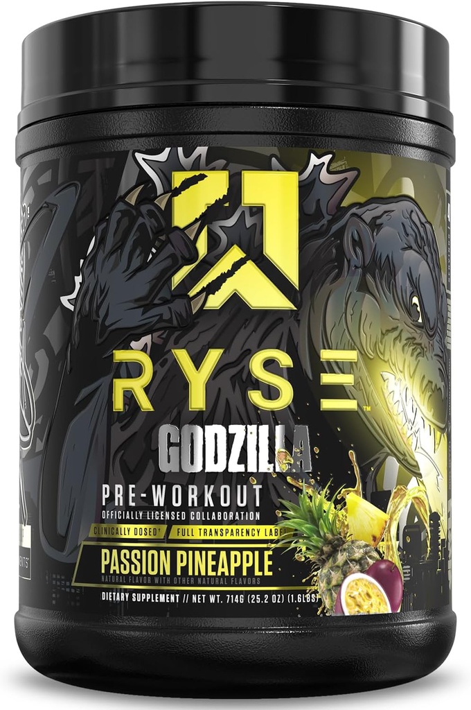 RYSE Godzilla X Noel Deyzel Pre Workout Powder - Passion Pineapple - 400mg Caffeine, High Stim Pre-Workout for Men &amp; Women with Citrulline & Beta Alanine - Energy, Pump & Focus - 20/40 Servings