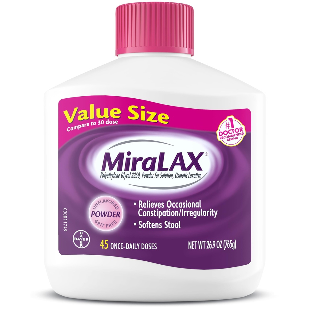 Powder laxante MiraLAX, Alivio del estreñimiento suave para adultos, Suavedor de heces con PEG 3350, Laxante no estimulante, sin efectos secundarios de malla, Laxante osmético, 45 Dose