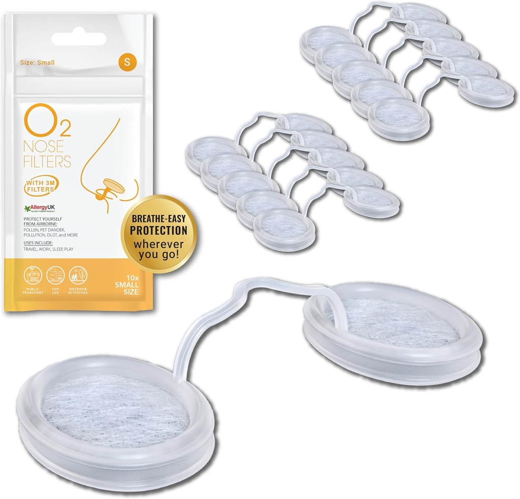 Filtros de nariz O2 con Filtración 3M - Filtro de nariz para alergias - Filtro nasal para alergias - Mascara de polvo de Nostril, Filtro de humo y alergia (Tamaño pequeño, paquete de 10)