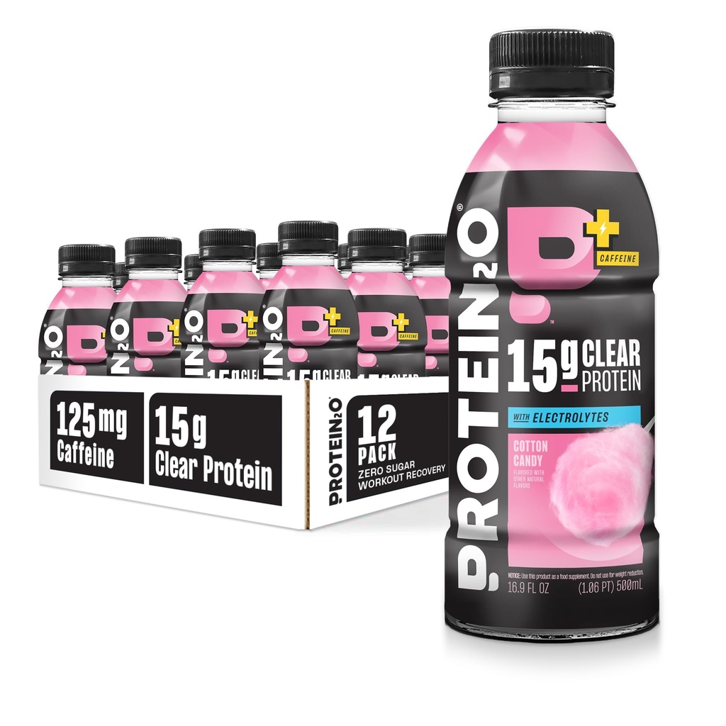 Protein2o 15g Whey Protein Isolate Hydration Drink Plus Energy & Focus, 350 mg de electrolitos, vitaminas B5 &amp; B6, Sugar Free, Cotton Candy, 16.9 oz Bottle (Pack of 12)