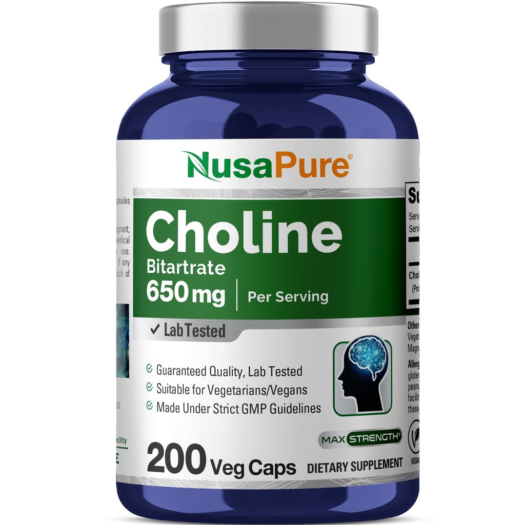 NusaPure Choline Bitartrate 650 mg 200 Veggie Capsules (Vegetariano, No GMO, Vegan)