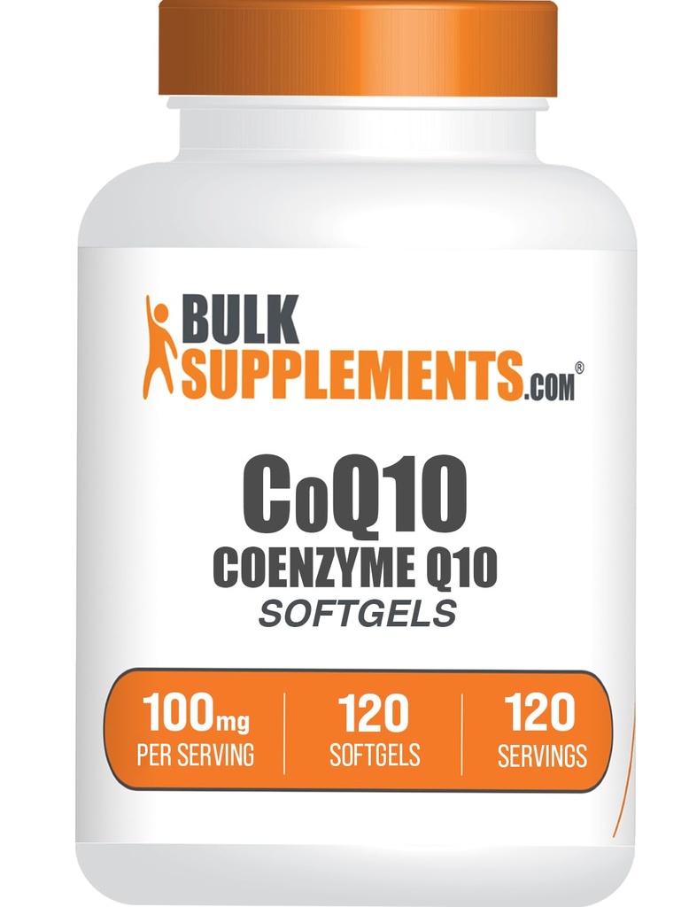 BulkSupplements.com CoQ10 100mg Softgels - Coenzyme Q10 100mg Suplemento, para la salud cardíaca - Gluten Gratis, 1 Softgel por Serving, 120 Cuenta (Pack of 1)