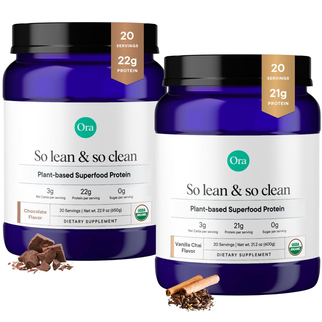 Ora Organic Vegan Protein Powder Vanilla Chai & Chocolate Bundle: 21g Planta Basada Proteína Polvo, Vanilla Chai Flavor, 20 Servimientos + 22g Proteína Planta Basada, Chocolate Flavor, 20 Servimientos