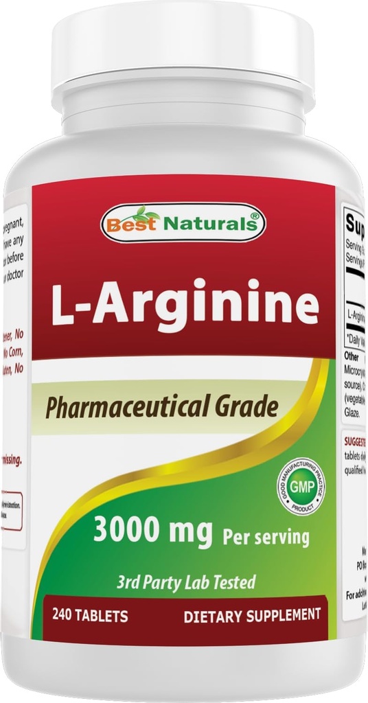 Mejores Naturales L-Arginina 3000mg Por Serving - 240 Tabletas - Grado Farmacéutico - No GMO & Gluten Gratis - Made in the USA
