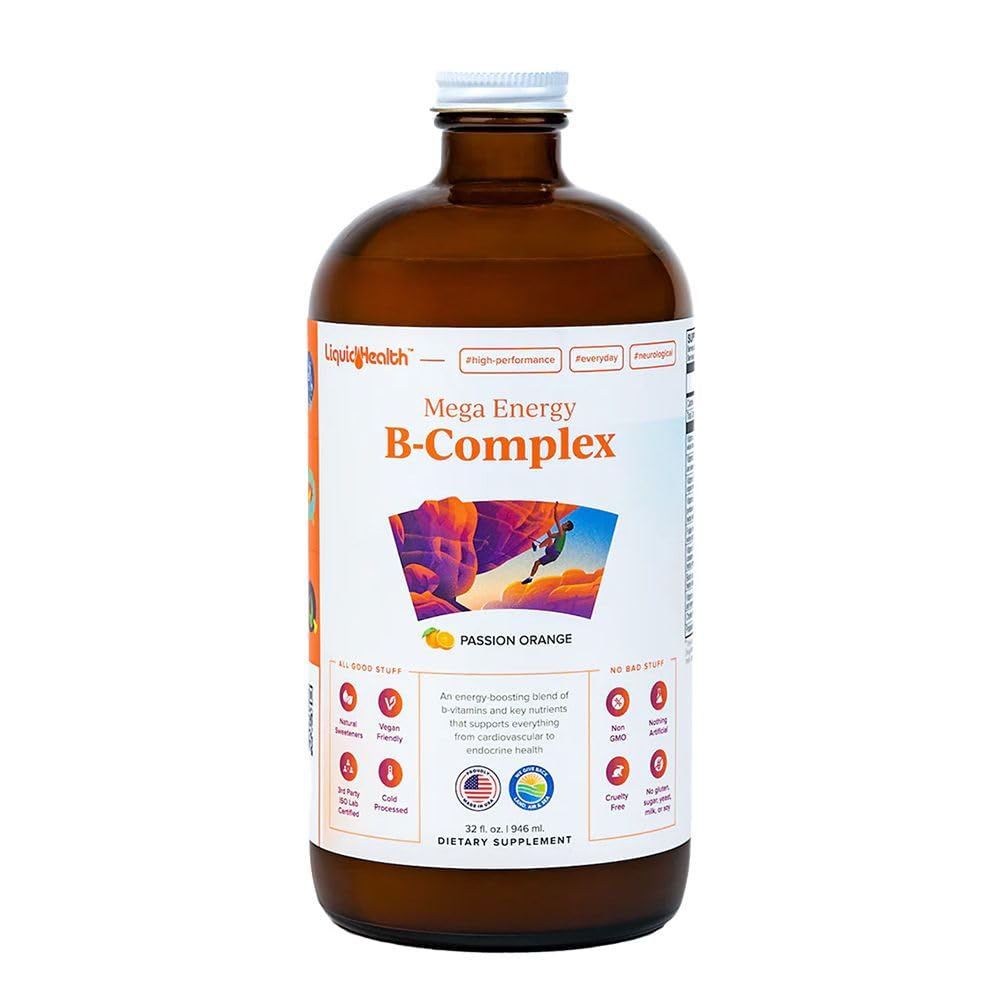LIQUIDHEALTH 32 Oz Vitamina B Complejo Multivitamina líquido para Hombres Mujer, Complejo Super B, Mega B Vitaminas Suplemento energético con B1, B2, B3, B5, B6, Metil B12 Liquid, Folate &amp; Biotin - Hecho en EE.UU.