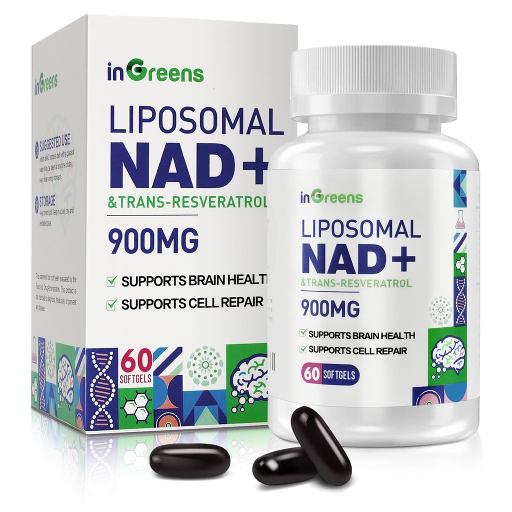 900 mg Liposomal NAD+ Suplemento con Resveratrol Trans 300 mg, reemplaza NMN, Absorción Superior, Verdadera NAD Plus Suplemento para Reparación de ADN y Boost NAD+, Defensa del envejecimiento, Energía, Longevidad, 60 Softgels